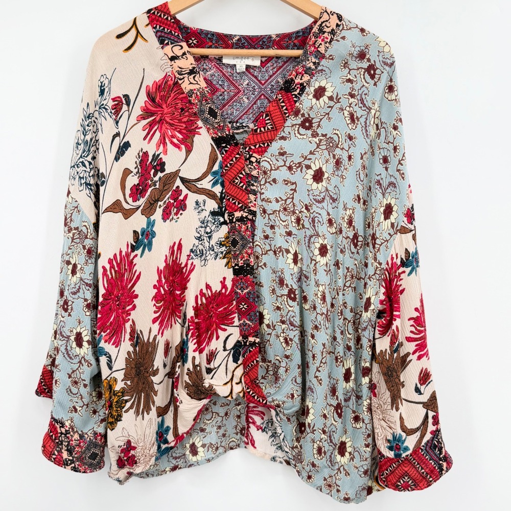 Umgee Women's Floral Patchwork Blouse XL Boho Bell Sleeve Cottagecore